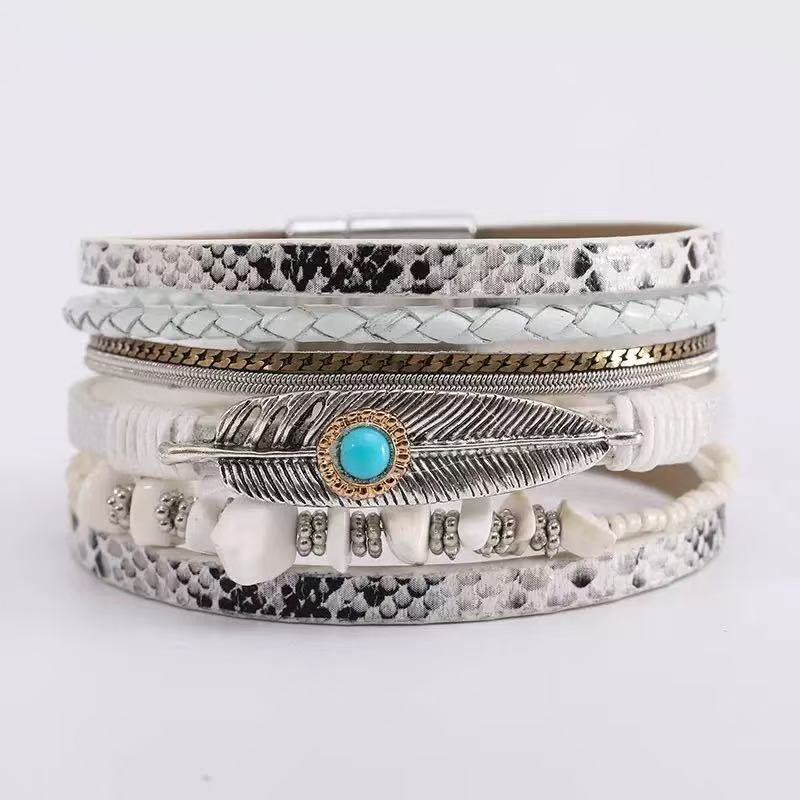 Women's Bohemian Style Gravel Feather Leather For Bracelet
