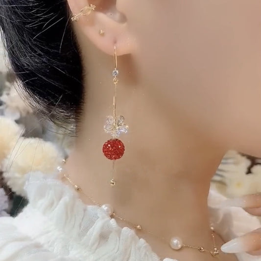 Women's Zircon Flower Long Fringe Temperament Light Luxury Red Rhinestone Ball Earrings
