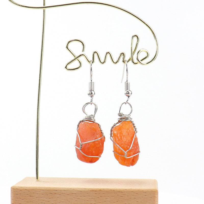 Women's Handmade Sier Winding Natural Stone Rough Crystal Agate Earrings