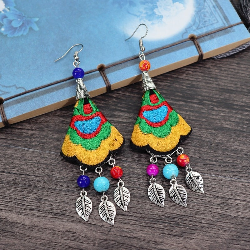 Women's Retro Ethnic Style Handmade Embroidered Fabric Long Flower Earrings