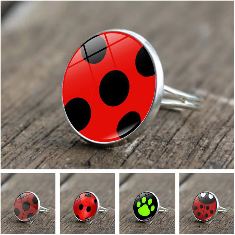 Round Polka Dot Time Stone Cartoon Anime Ladybug Brush Printed Ring