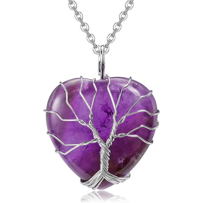 Natural Crystal Stone Heart-shaped Winding Tree Of Life Pendants
