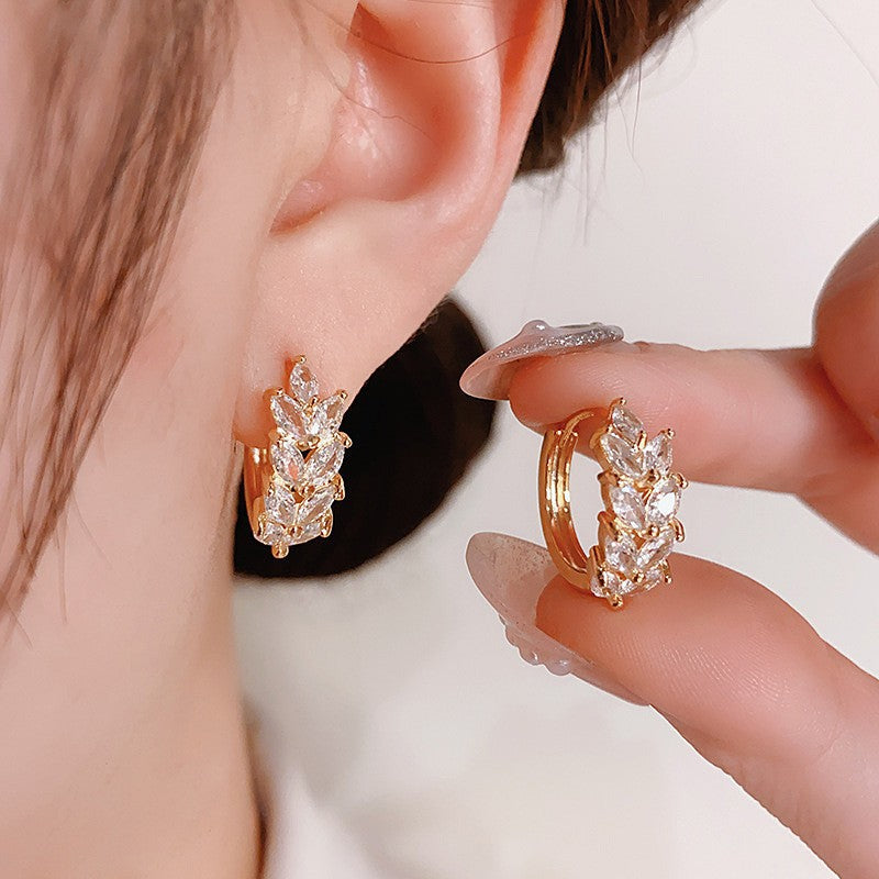 Zircon Leaves Ear Clip Female Personality Temperament Fashion Simple Earrings