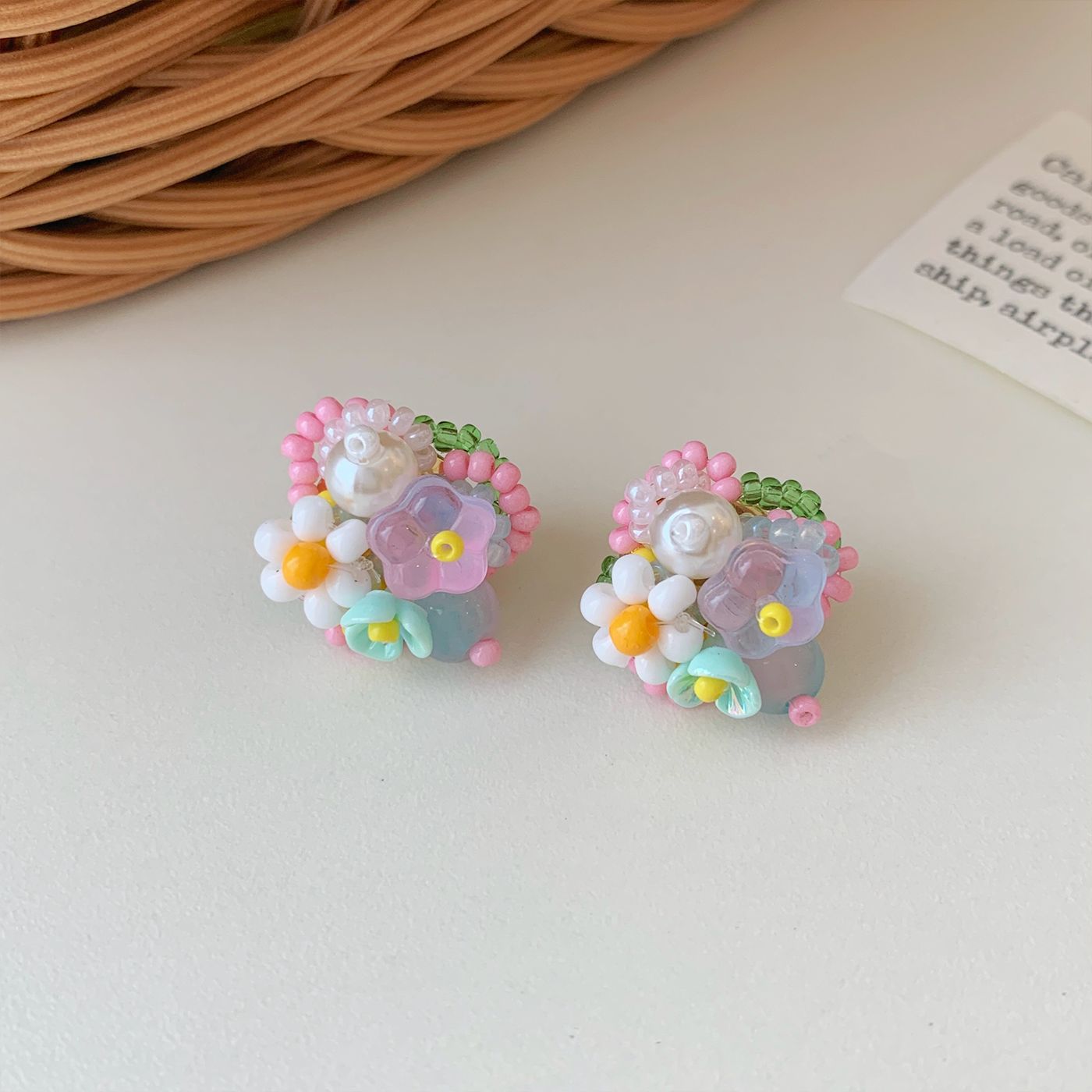 Sier Nail Blue Pink Bead Fashion Commuter Niche Earrings