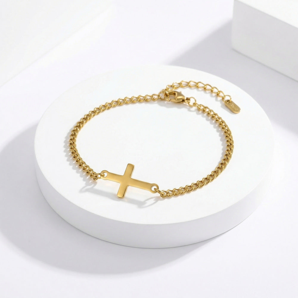 Men's Stainless Steel Gold Cross Slim Chain Simple Bracelet