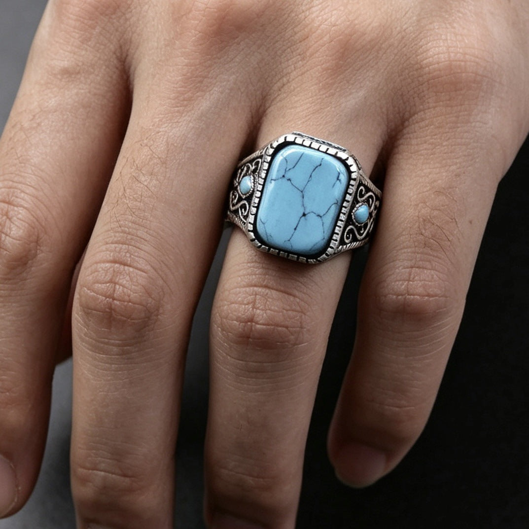 Men's Russian Turquoise Blue Diamond Retro Simple Ring