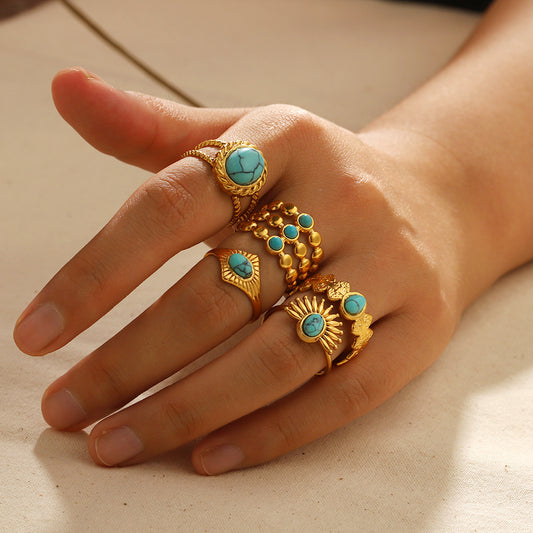 Titanium Steel Inlaid Turquoise Gold Stainless Rings
