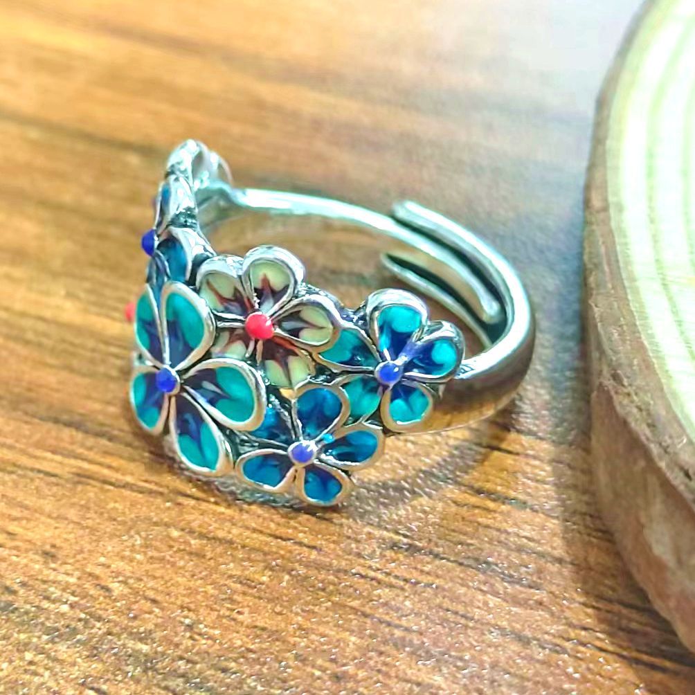 Enamel Brocade Female Elegant Retro Ethnic Style Open Adjustable Creative Rings