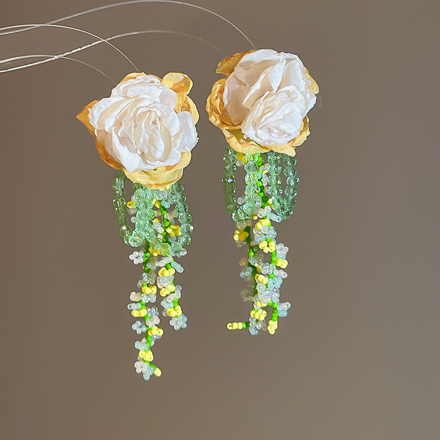 Women's Bead Flower Tassel Light Luxury High-grade Vacation Style Earrings