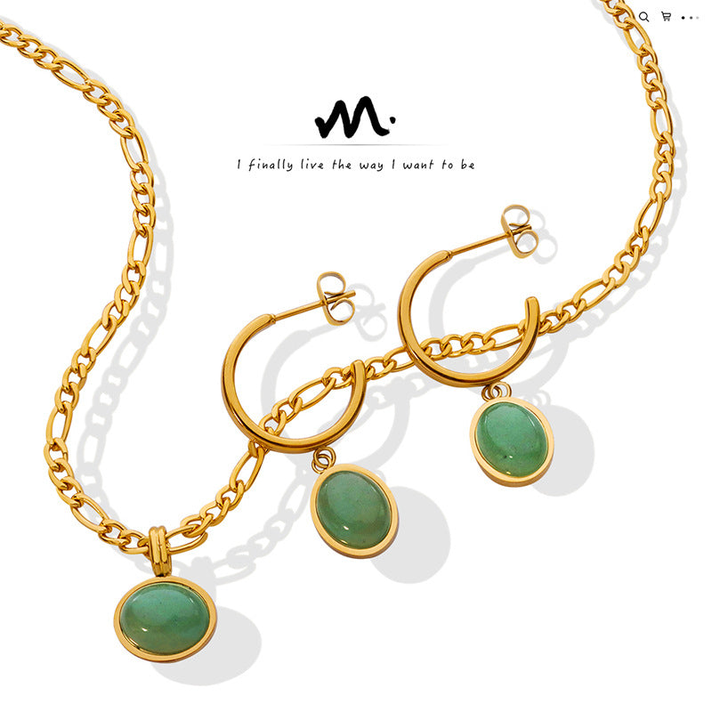 Natural Green Aventurine Ethnic Style Titanium Steel Vintage Elegant Jewelry Set