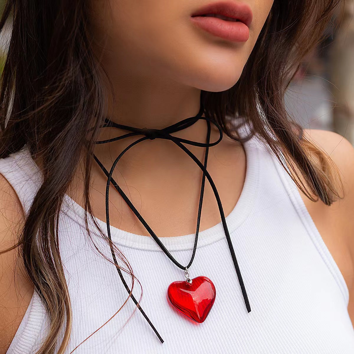 Red Glass Large Love Crystal Korean Style Personalized Necklace