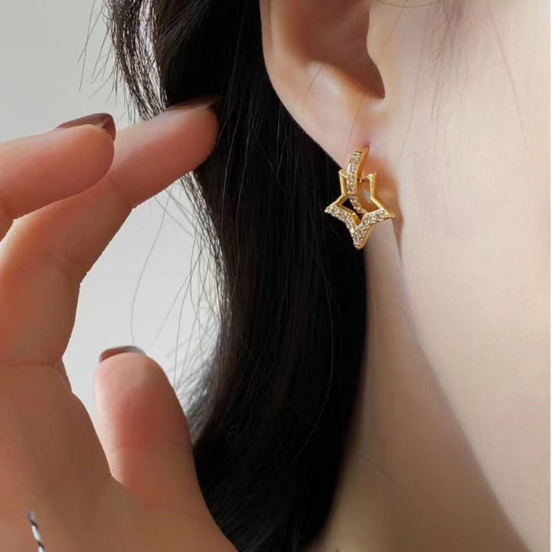 High-grade Five-pointed Star Round Zircon Korean Style Special Interest Light Earrings