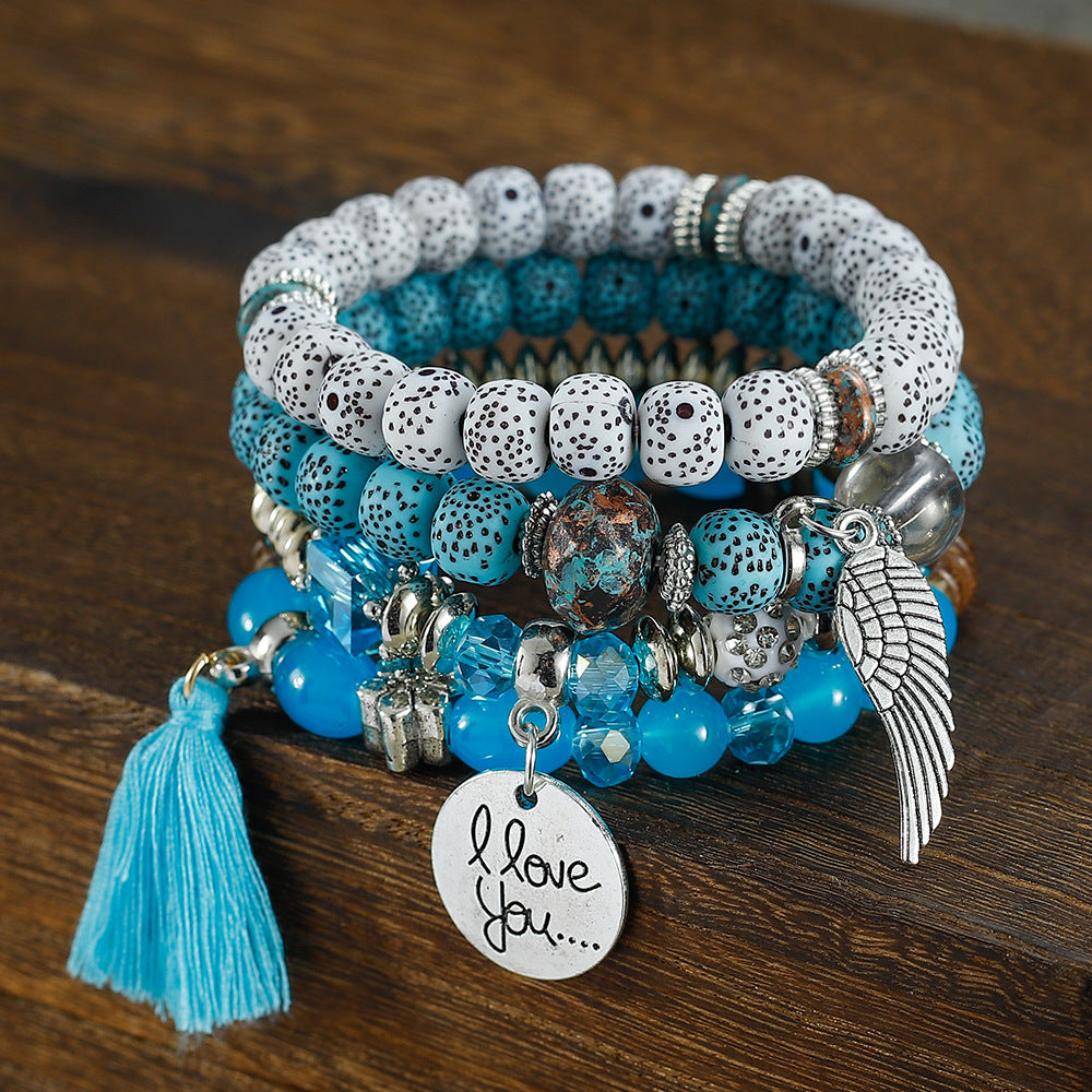 Combination Buddha Beads Simple Disc Heart Wings Tassel Bracelet