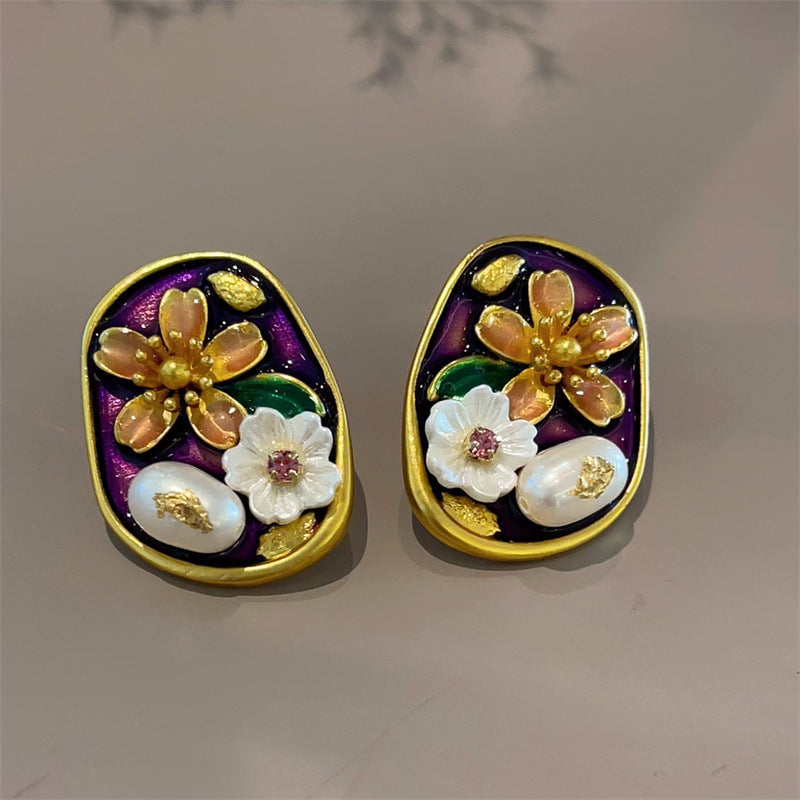 Jardin Monet Oil Painting Freshwater Pearl Flower Chinese Earrings