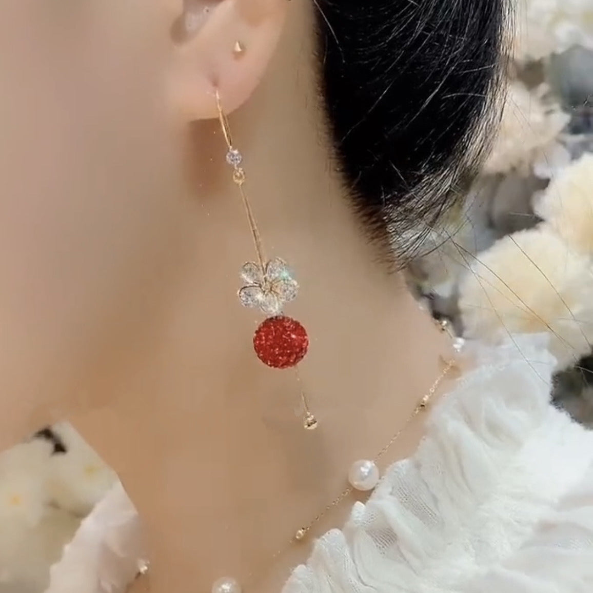 Women's Zircon Flower Long Fringe Temperament Light Luxury Red Rhinestone Ball Earrings