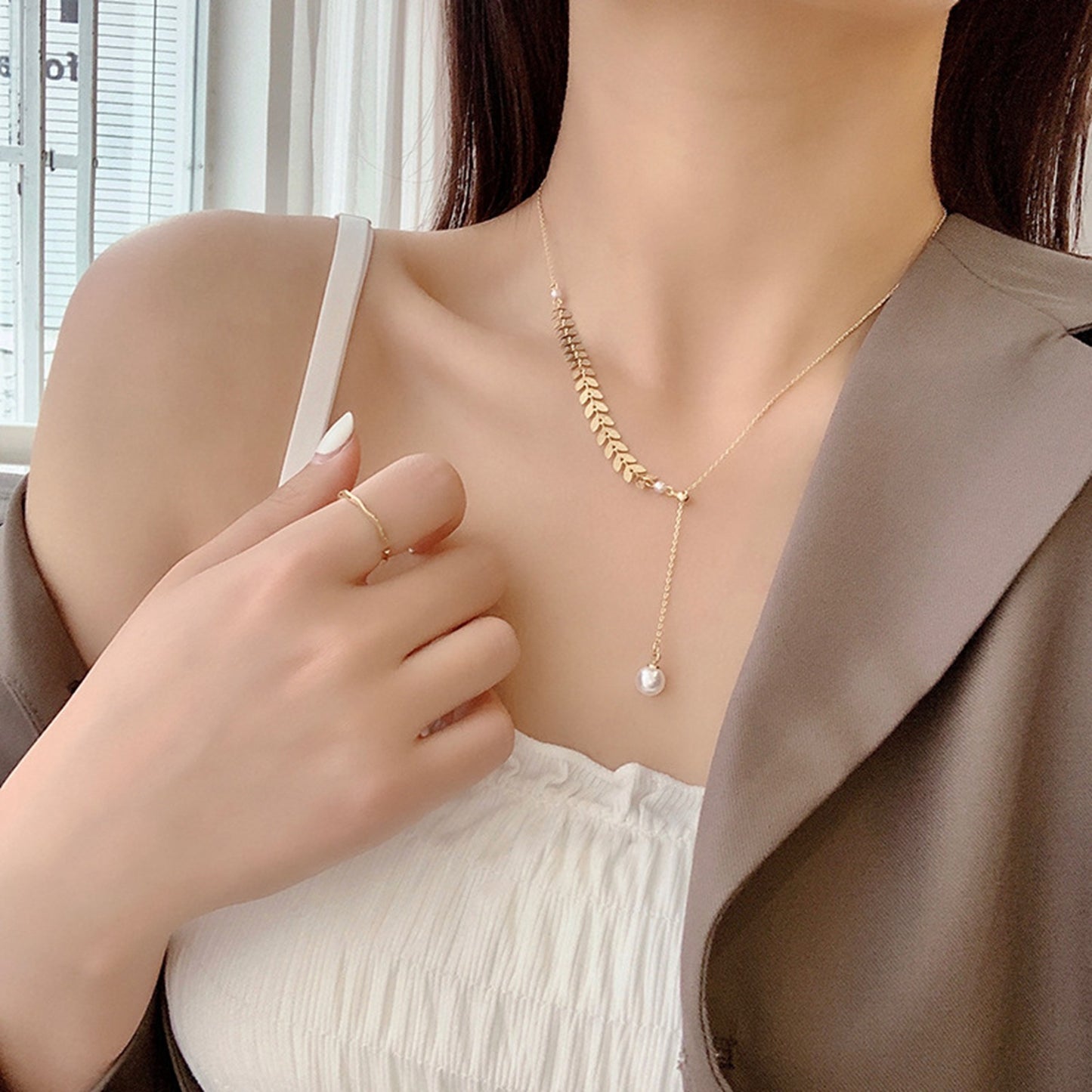 Steel Three-piece Set Niche Design Wheat Pearl Necklaces