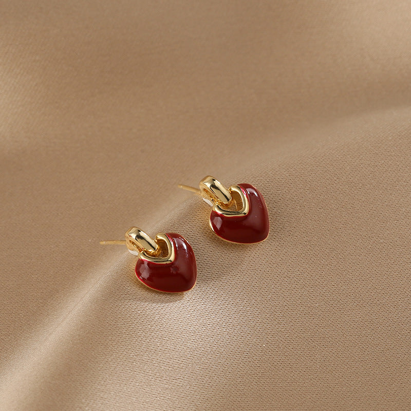 Women's Sier Needle Red Geometric Ear Korean Earrings