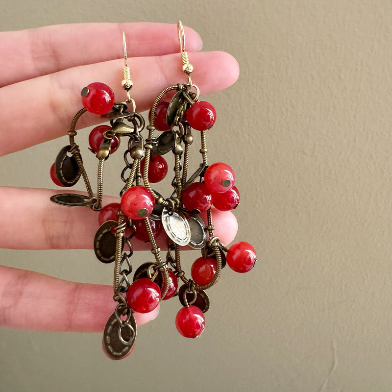 Red Fruit Beaded Tassel Ear Hook Style Retro Sense Chic Rings