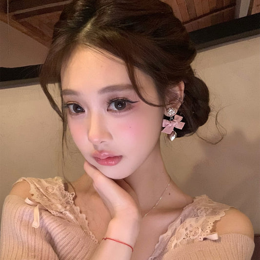 Women's Pink Bow Eardrops Light Luxury High-grade Earrings