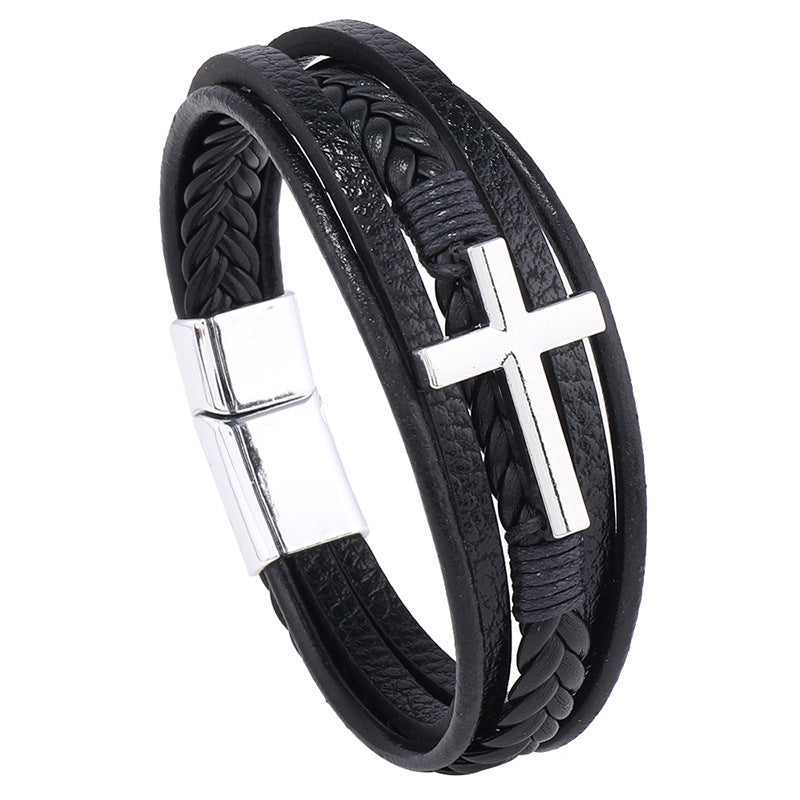 Handmade Woven Cross Decorative Leather Magnetic Bracelets