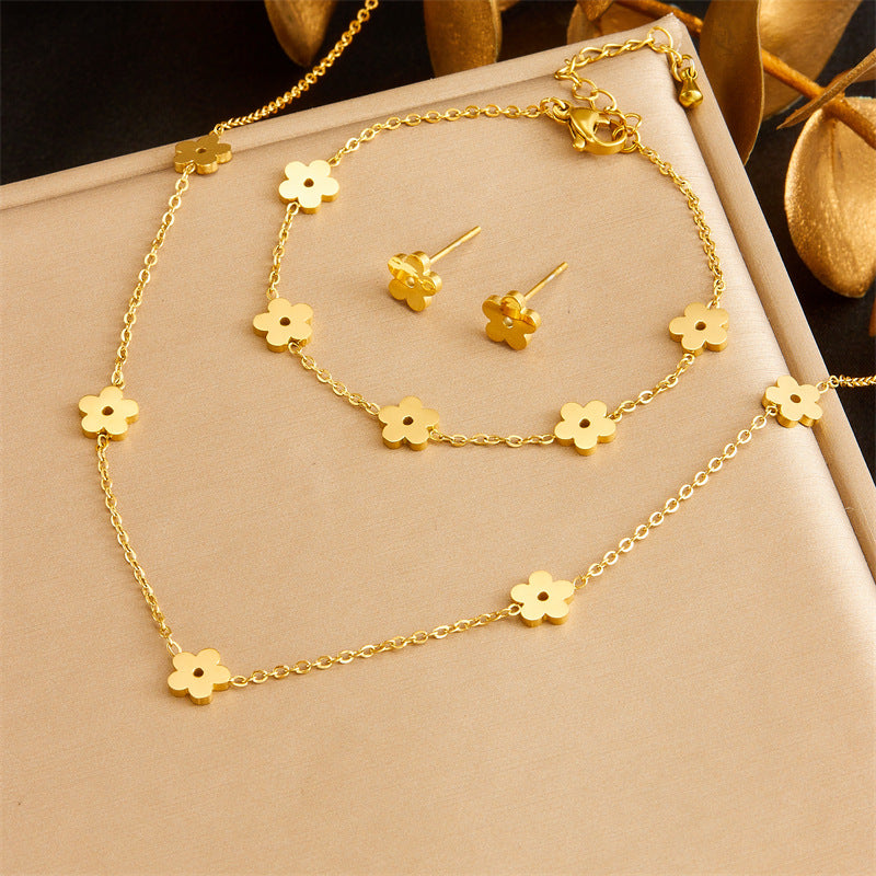 Exquisite Gold-plated Stainless Steel Love Pearl Flower Butterfly Jewelry Set