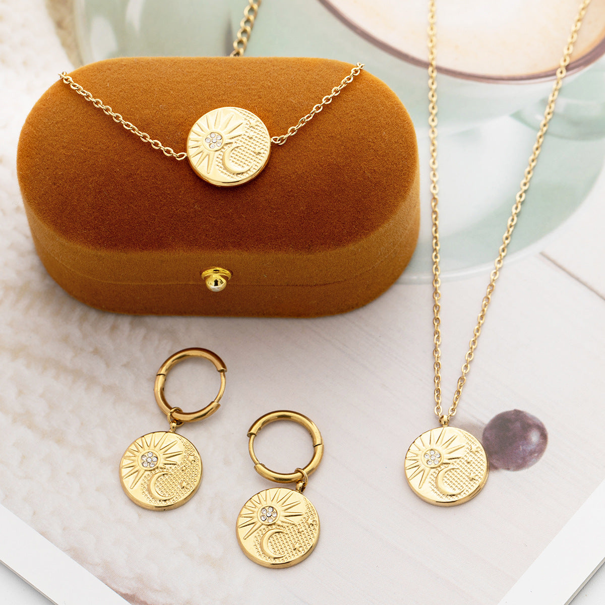 Sun Moon Three-dimensional Embossed Round Suite Necklaces