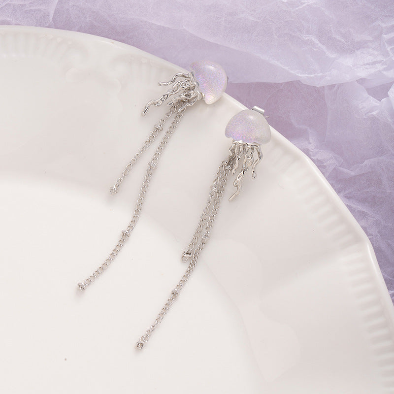 Women's Sier Needle Jellyfish Tassel Unique Design Stud Earrings