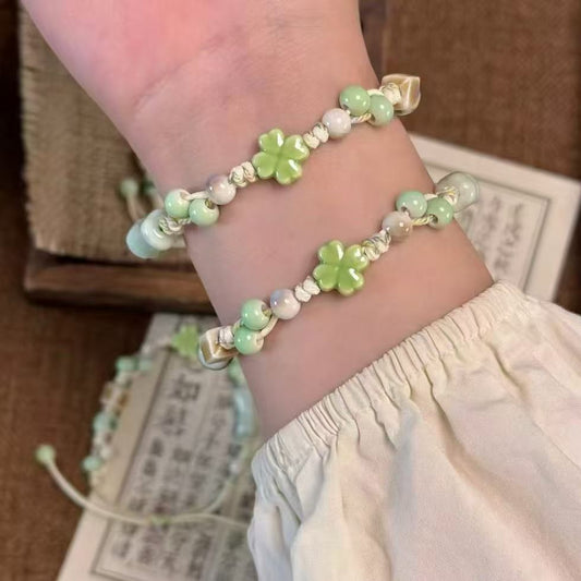 Niche Green Clover Ceramic Adjustable Size Hand-woven Couple Finished Mori Bracelets