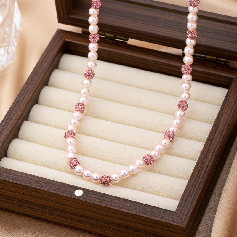Women's Pink Pearl Imitation Diamond Beaded Light Luxury Versatile Niche Bracelet
