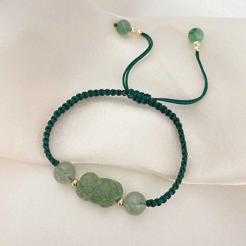 Crystal Green Strawberry Pi Hand Woven Rope Original Life Bracelet