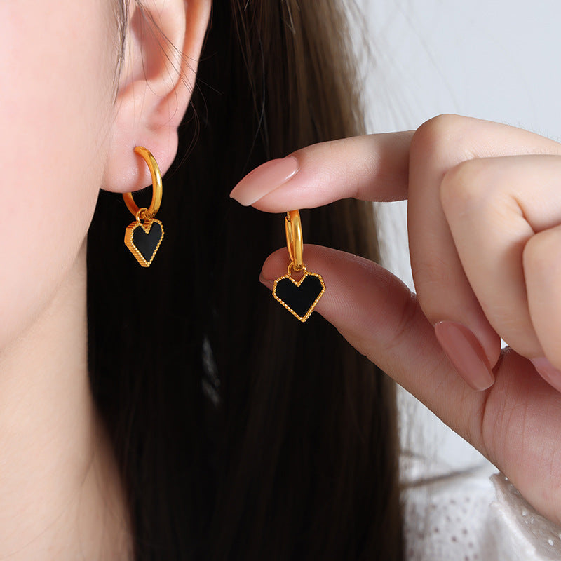 Women's Peach Heart Micro Glass Bead Titanium Steel Gold Earrings