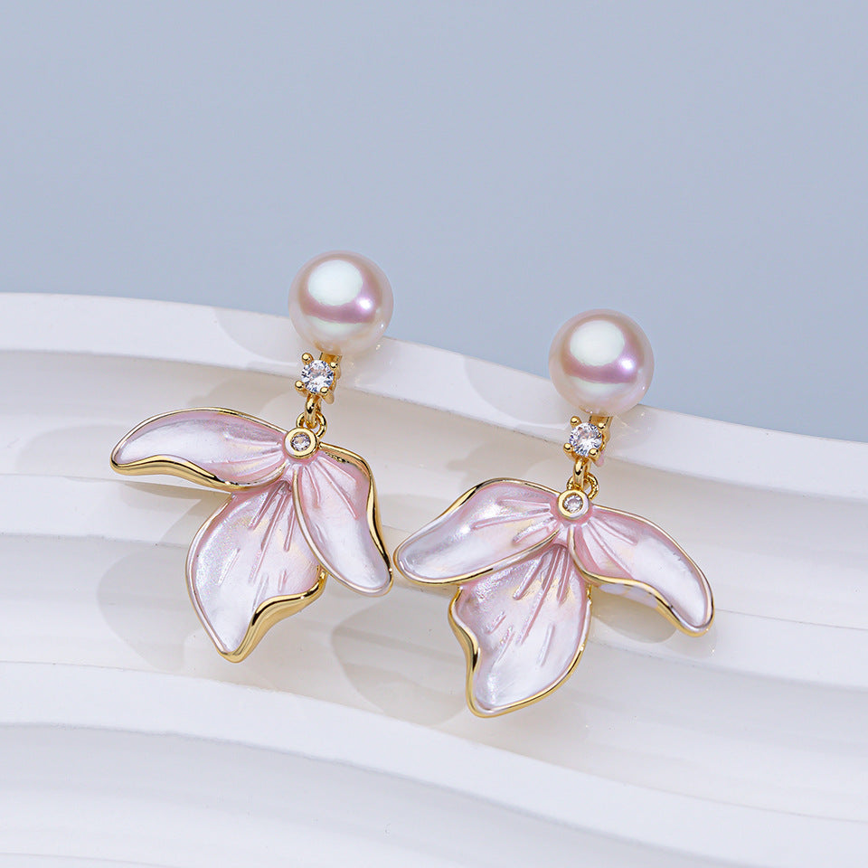 Natural Freshwater Pearl Ear Sterling Sier Needle Lily Eardrops Stud Earrings