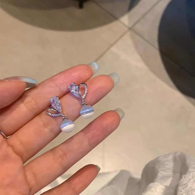 Sier Needle Zircon Pearl Advanced Fashion Bowknot Retro Earrings