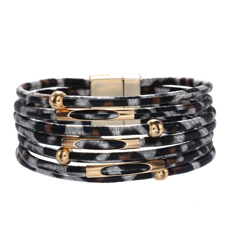 Print Magnetic Buckle Leather String Beads Rope Bracelets
