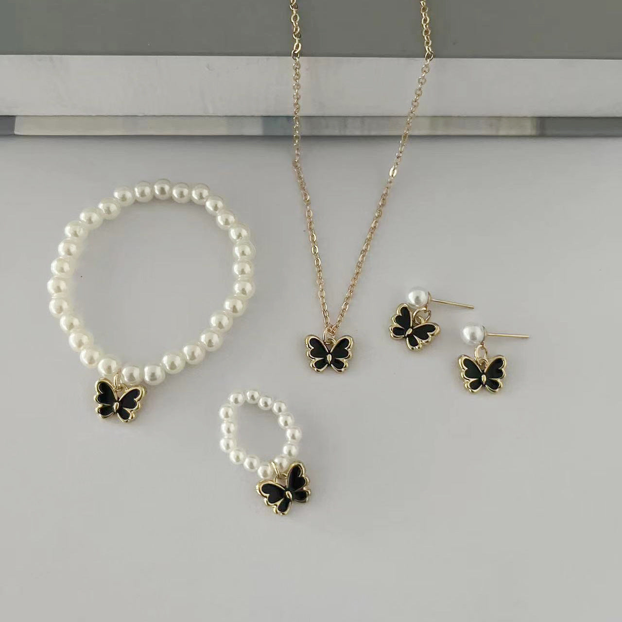 Children's Popular Dripping Oil Butterfly Pearl Female Jewelry Set
