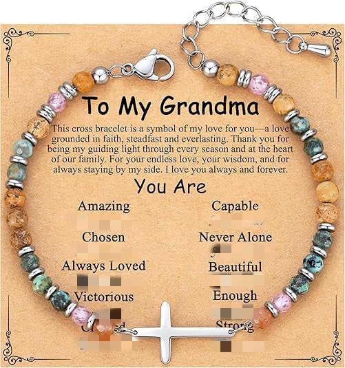 Women's Natural Stone Beaded Cross Lobster Buckle Adjustable Band Bracelet