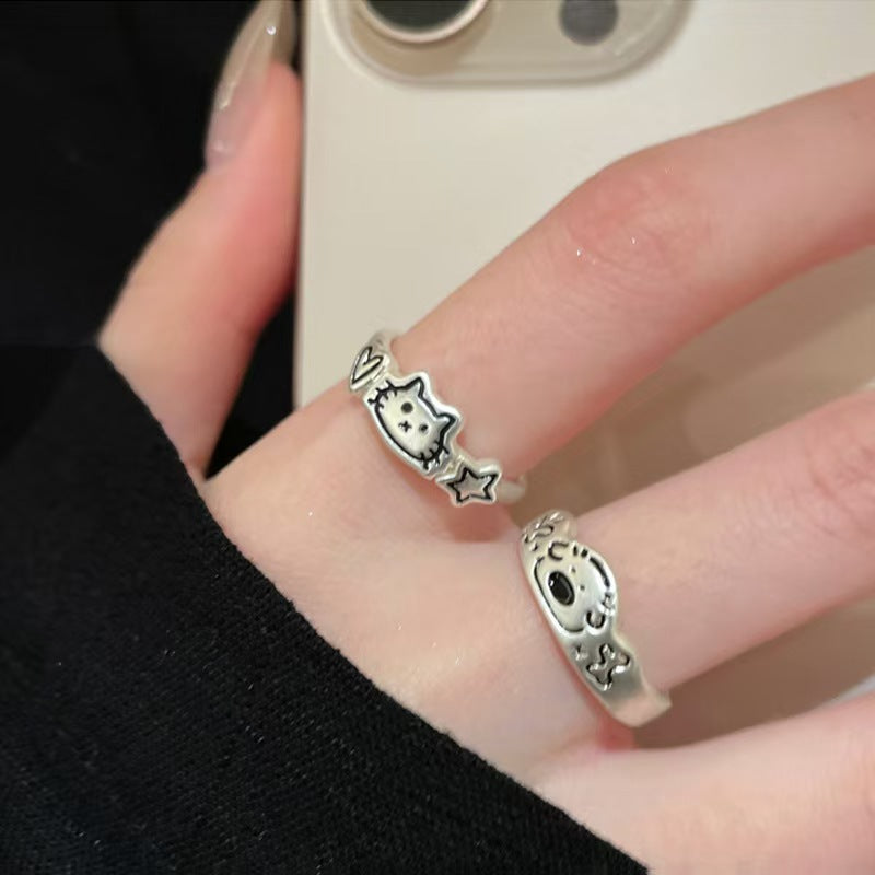 Light Luxury Niche Chinese Enamel Cherry Blossom Cute Cat Ring