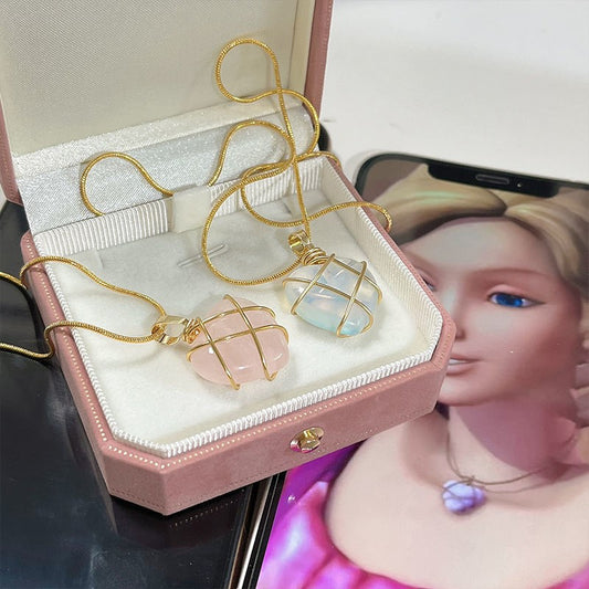 Barbie Love Diamond Castle Natural Crystal Opal Pink Heart Pendants