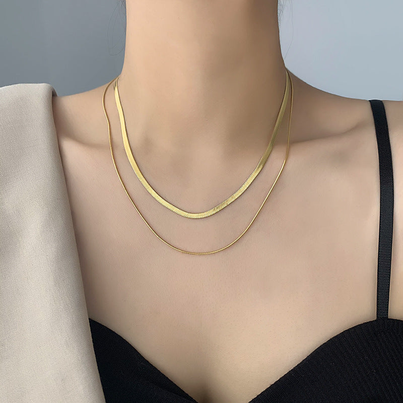 Fashion Retro Double Layer Snake Bone Twin Titanium Steel Bag Necklace