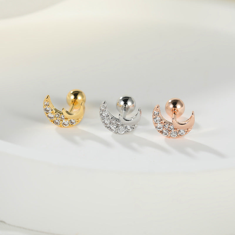 Fashion Lady Micro Inlaid Zircon Rose Gold Plating Star Moon Stud Earrings