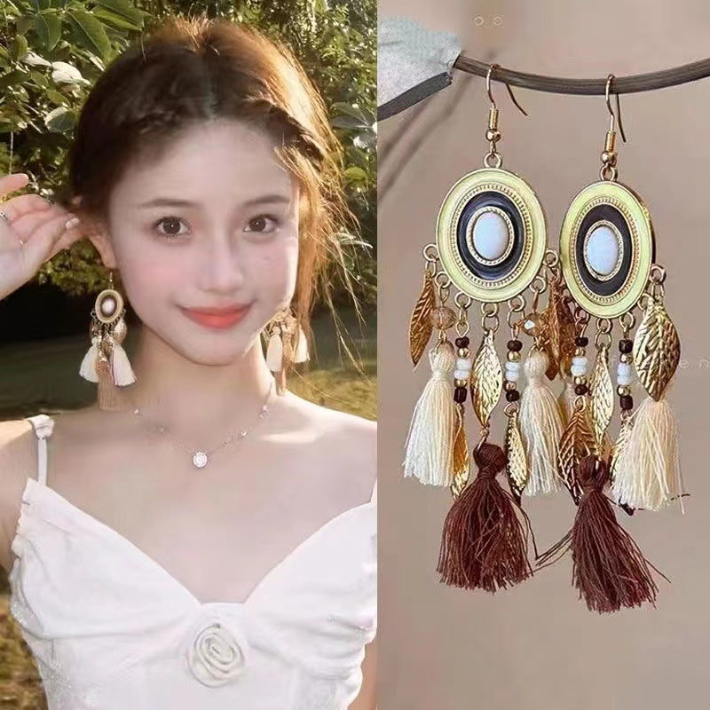 Feather Bead Tassel Niche Retro Vacation Earrings