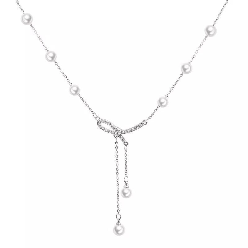 Female Bow Pearl Tassel Clavicle Chain Temperament Necklace