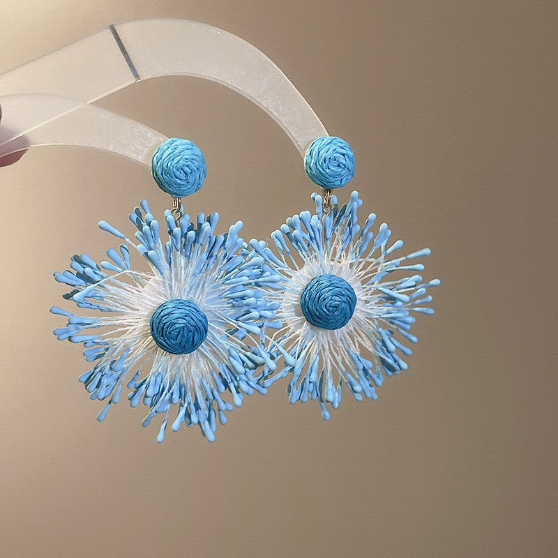 Women's Fresh Blue Fabric Flower Tassel Seaside Vacation Style Light Stud Earrings