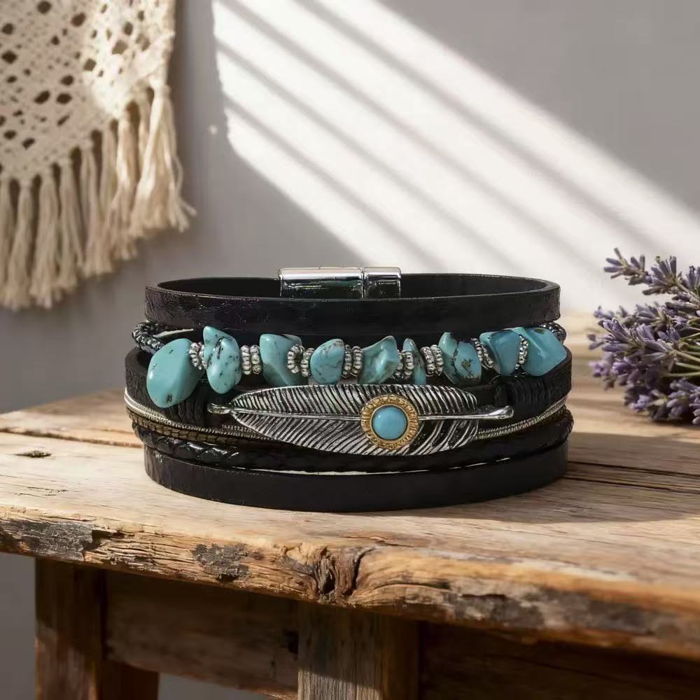 Women's Bohemian Style Gravel Feather Leather For Bracelet