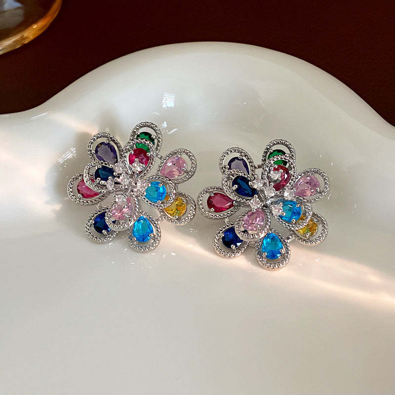 Women's Sier Needle Flower Color Zircon Mori Sweet Fashion Earrings