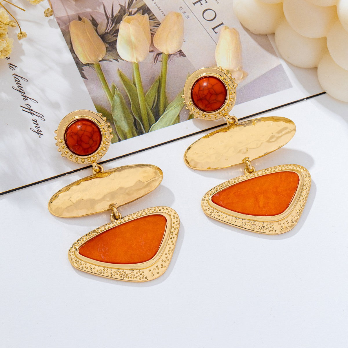 Style Geometric Hammered Metal Orange Stone Long Niche Earrings