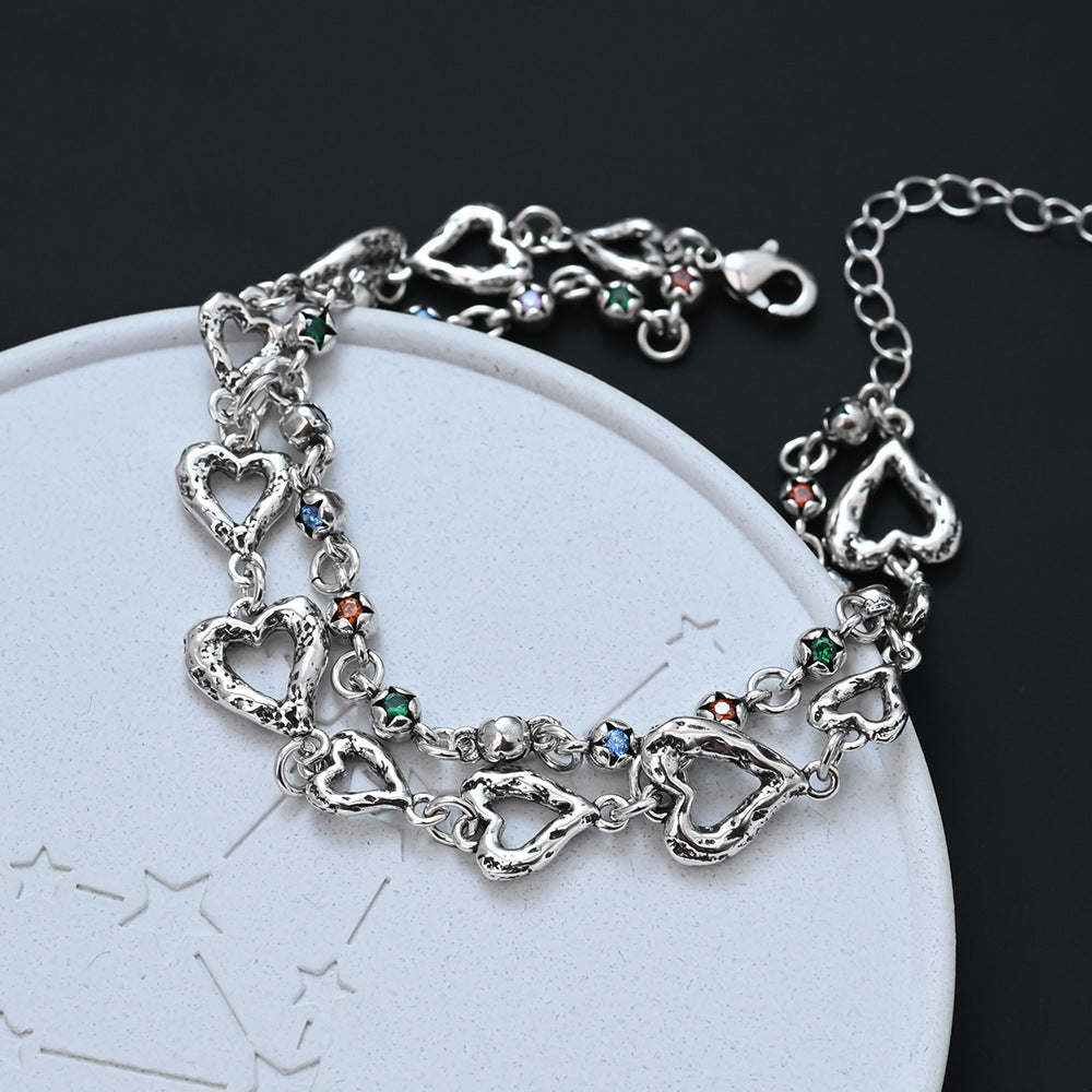 Retro Colorful Zircon Five-pointed Star Heart Niche Temperament Double Layer Bracelets