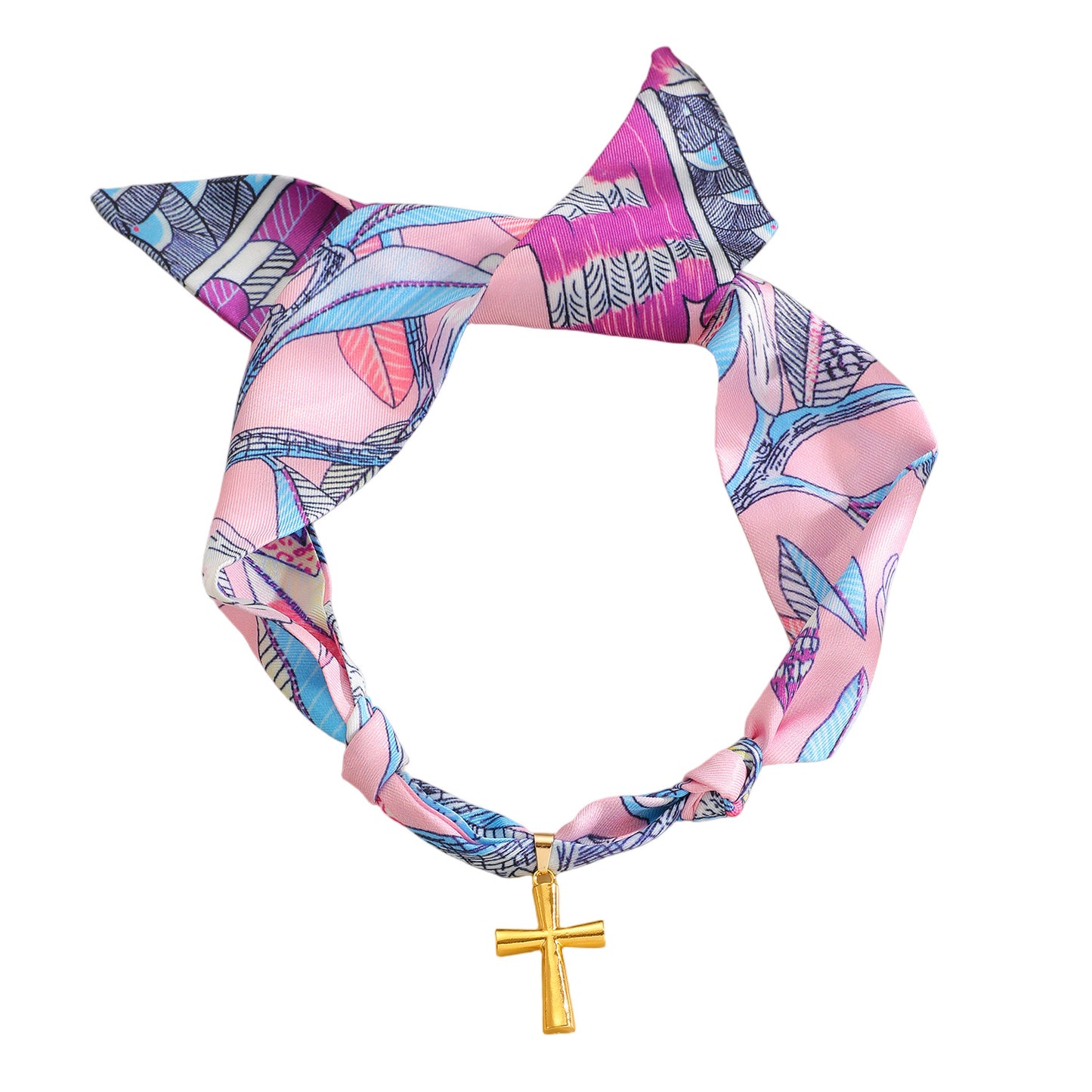Women's Colorful Silk Scarf Hand-knotted Cross Fabric Necklace