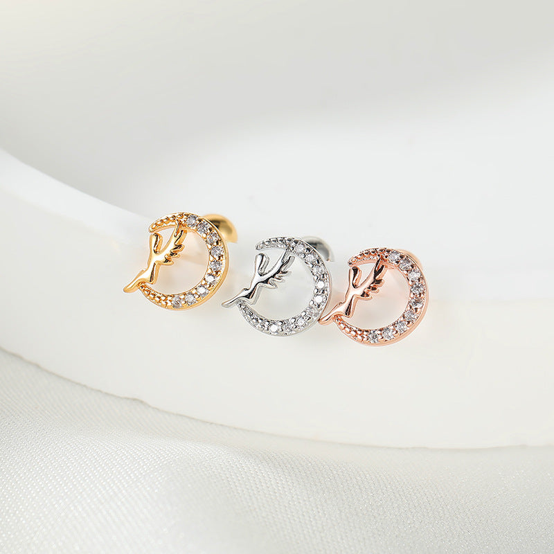 Fashion Lady Micro Inlaid Zircon Rose Gold Plating Star Moon Stud Earrings