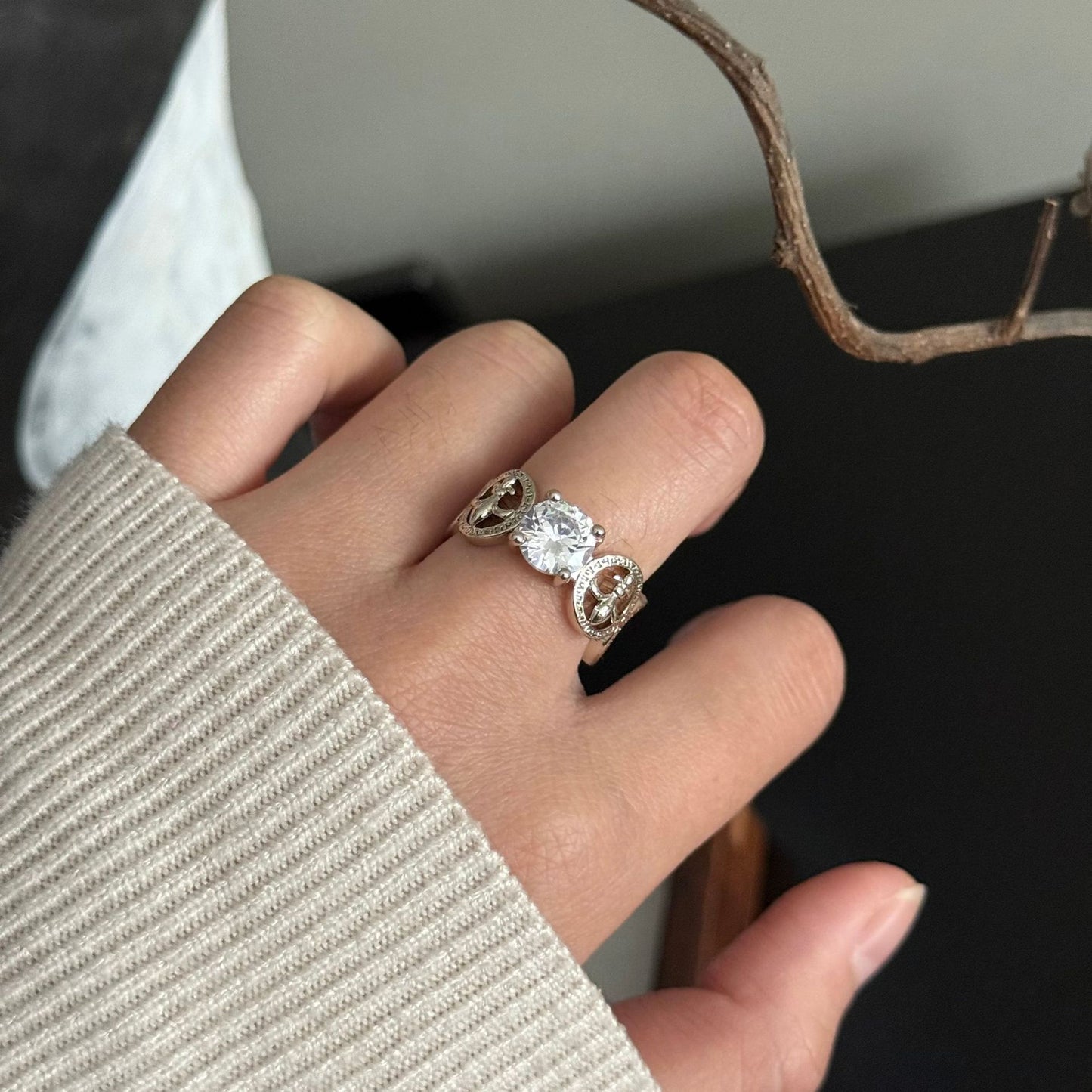 Women's Sier Flower Zircon Series Light Luxury Twin Ring